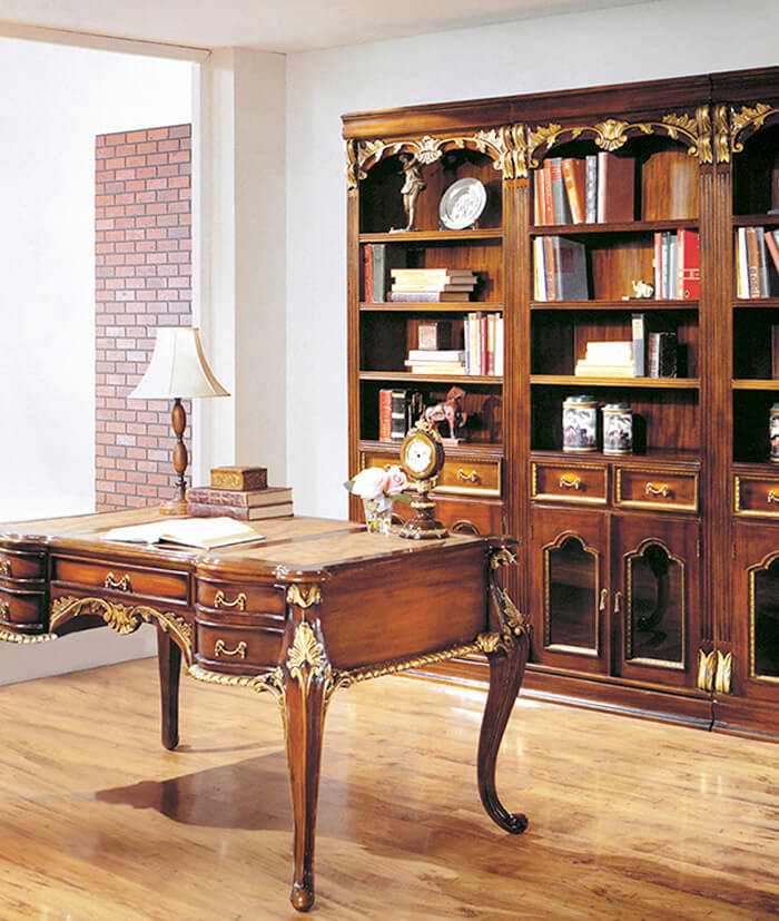 台北紐約家具-高品質書房家具--高級書桌書櫃0004--法式胡桃金邊中抽書桌書櫃